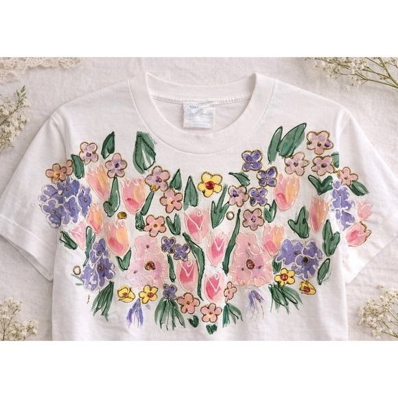Paint Brush hand painted Other - Hand Painted‎ Floral T Shirt Single Stitch Vtg USA Rhinestone Art Tee OSFA M/L